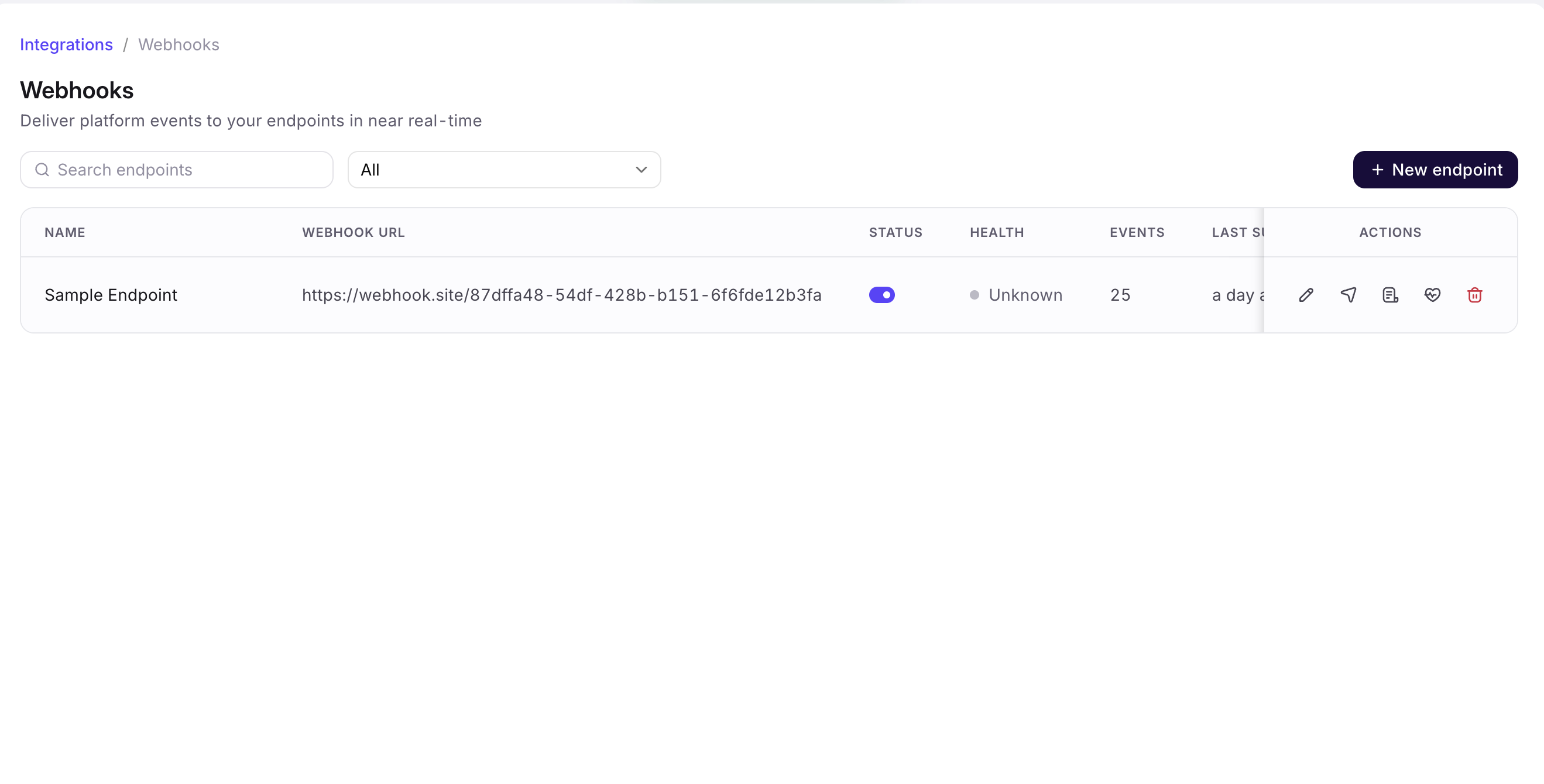 Webhooks listing showing one endpoint with its URL, an enabled status toggle, health, event count and last success time, above a search box and status filter