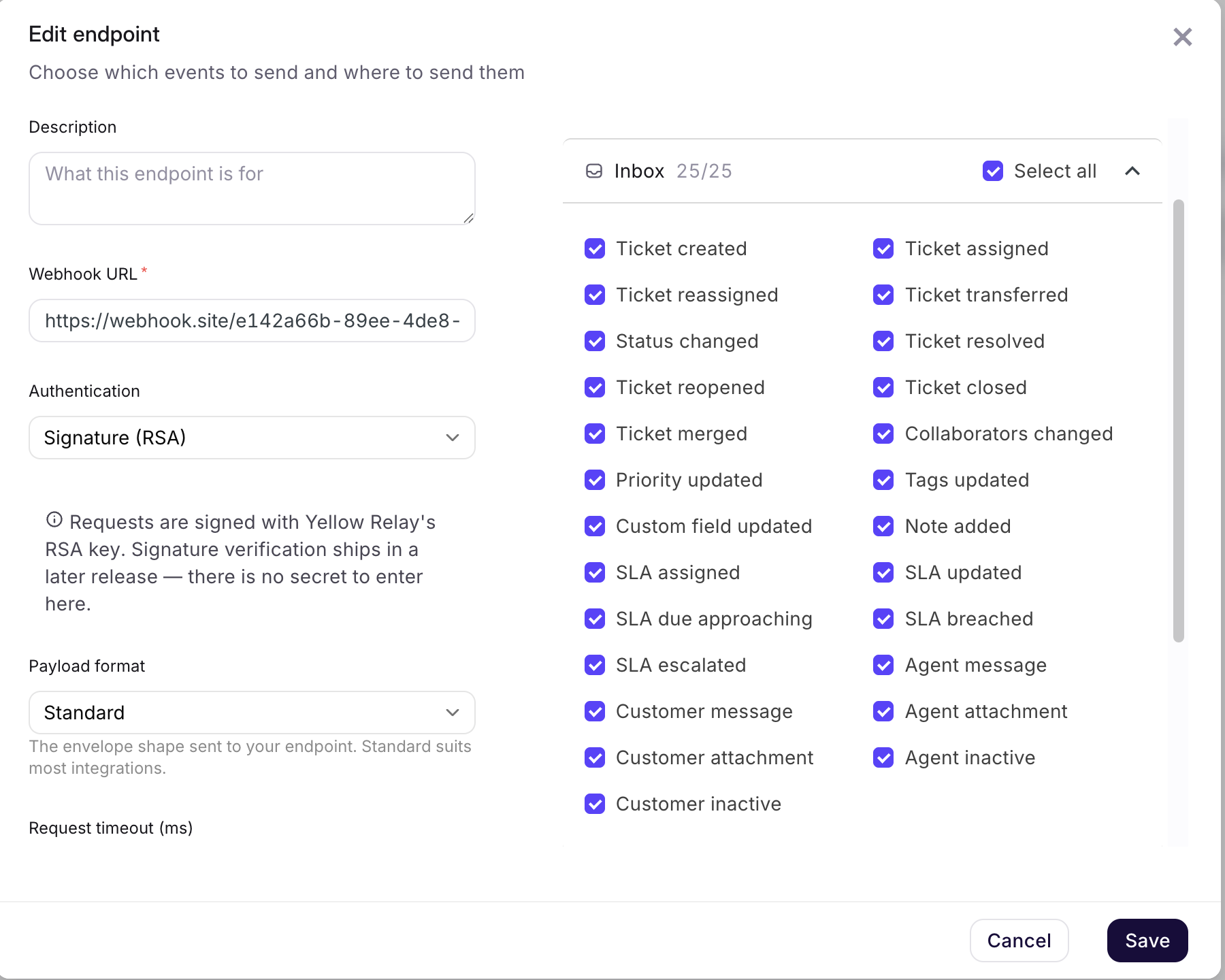 The endpoint dialog: description, webhook URL and authentication on the left, the searchable Inbox event picker on the right with all 25 events selected