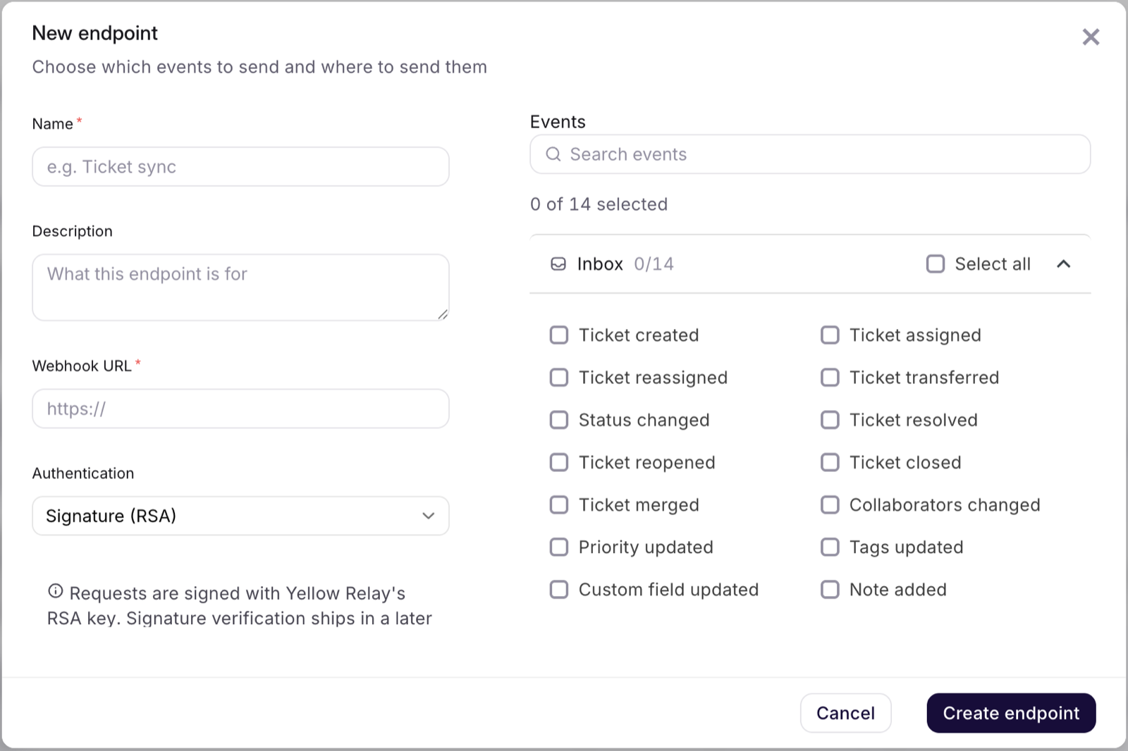 New endpoint dialog: name, description, webhook URL and authentication on the left, the Inbox event picker with fourteen checkboxes on the right