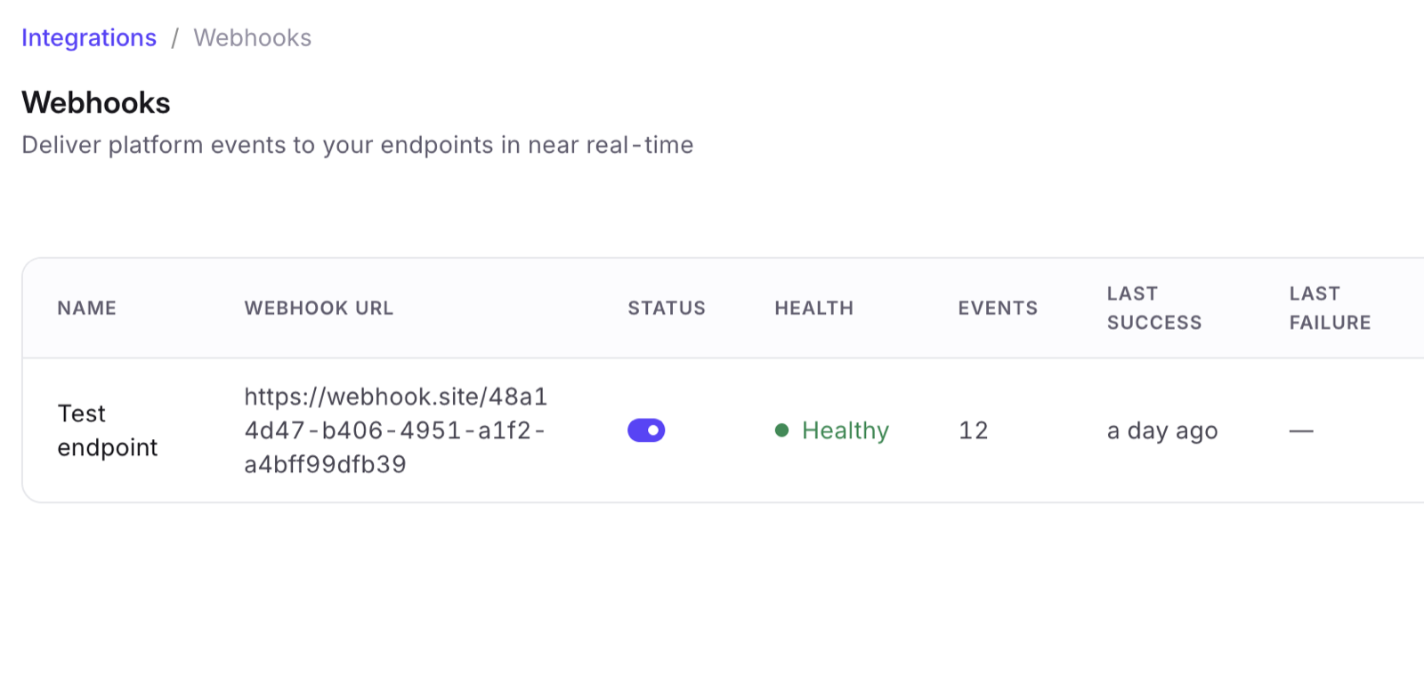 Webhooks listing showing one endpoint with a Healthy status, its URL, event count and last success time